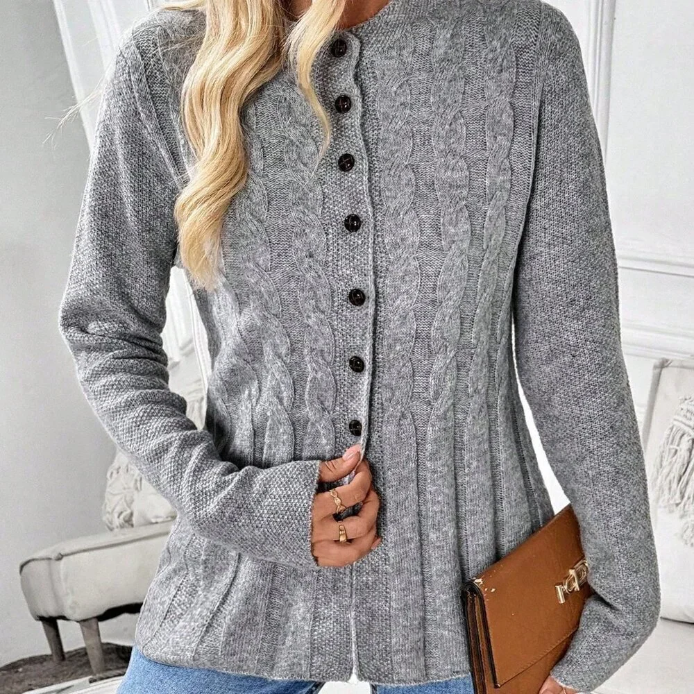 Grey Casual Women's Long Sleeve button down sweater Cardigan